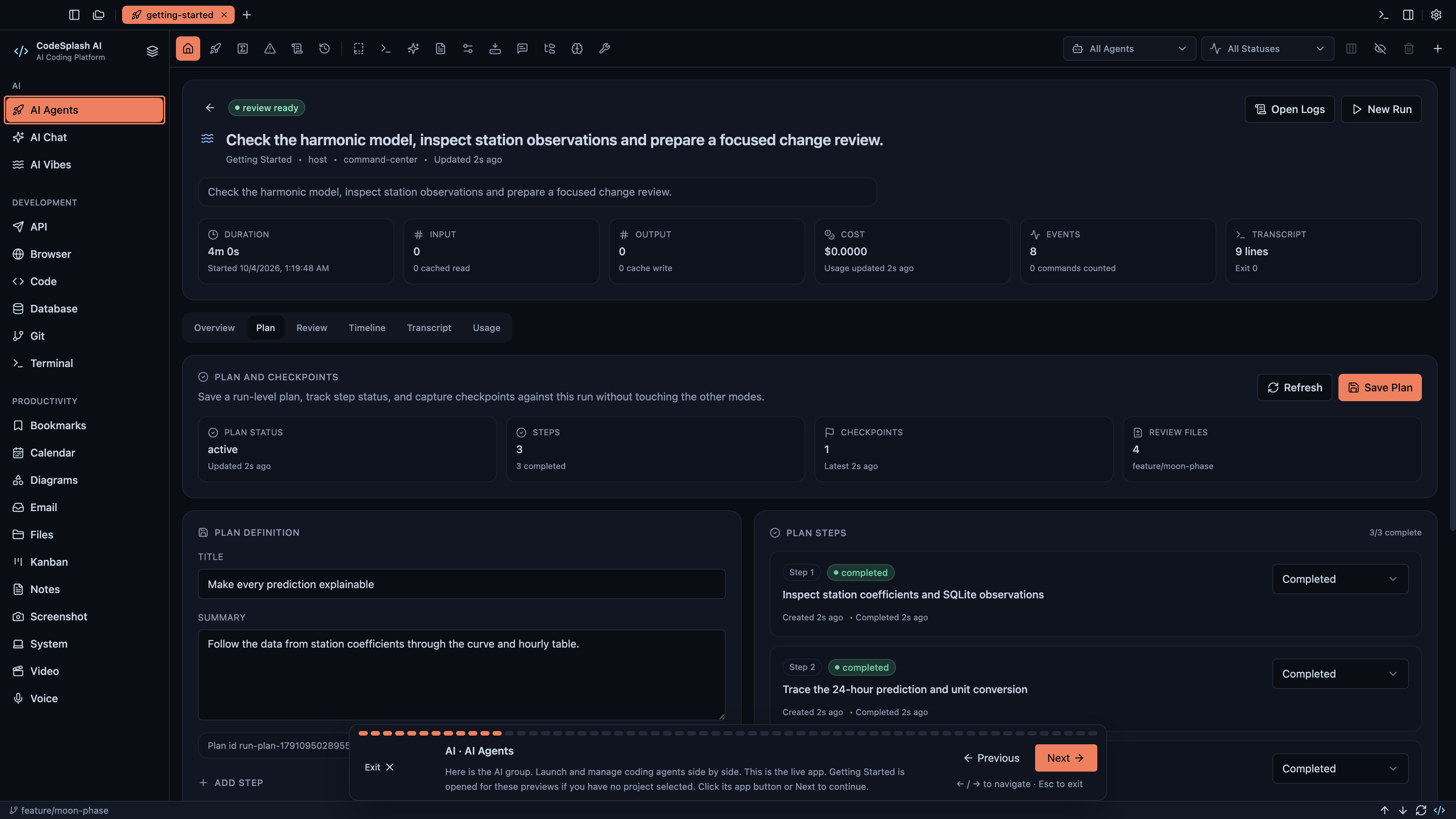 An agent conversation and project task open in the CodeSplash AI Ocean & Heat Dark workspace